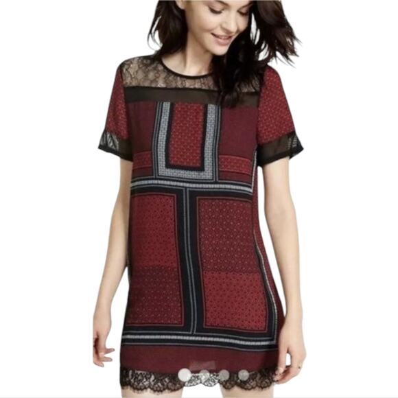 Express Multi Pattern Red And Black Lace Yoke Trim Sheath Dress Size Xs New!